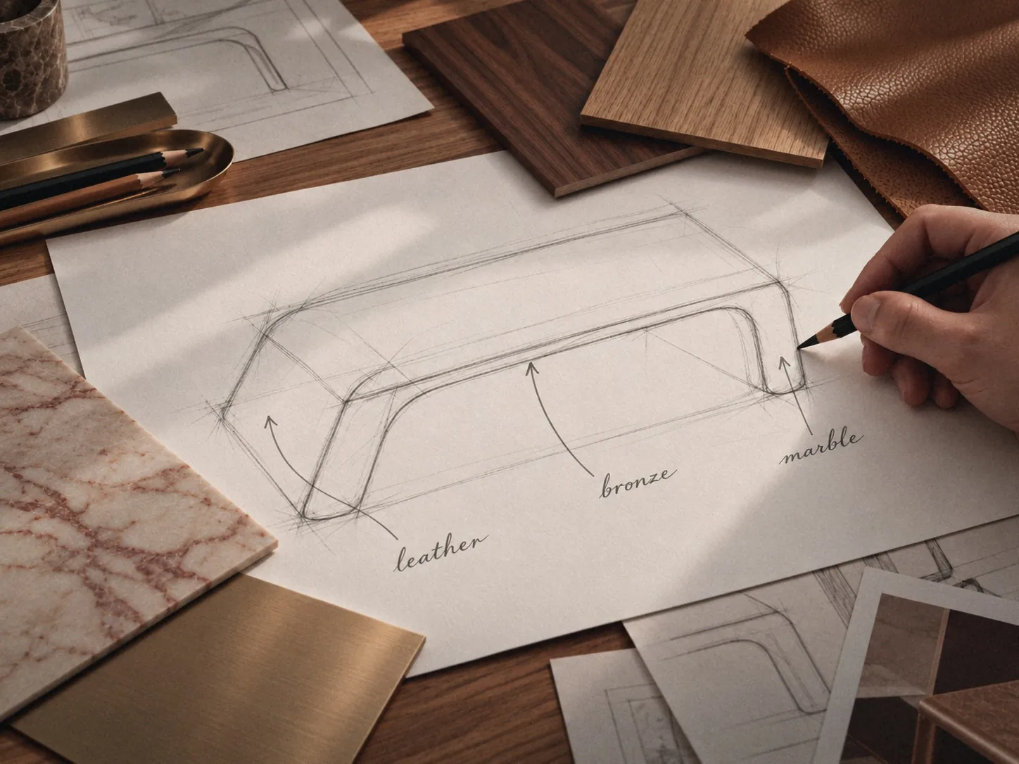 Sketch of a bespoke Alpange on the atelier table, with leather, bronze, marble and wood samples